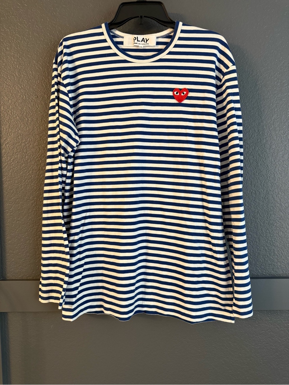 PLAY Comme des Garcons • Navy & White Striped Long-Sleeve Tee with Red Heart xxl
